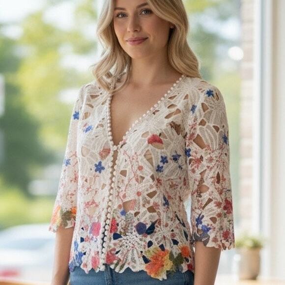 Rabbit Rabbit Rabbit Designs Floral Cutwork Lace One-Button Blouse/Cardigan - Picture 1 of 7